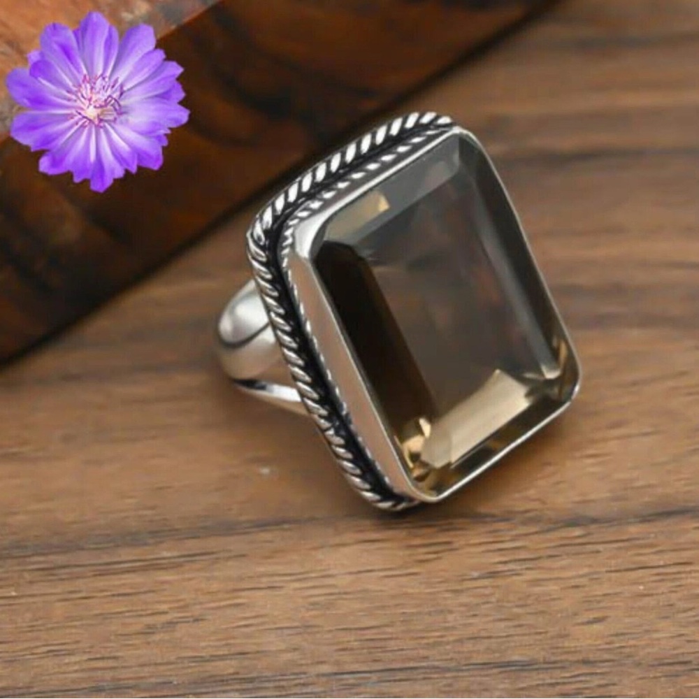 Size 8 Smoky Quartz Gemstone 925 Sterling Silver Overlay Ring Handmade Ring